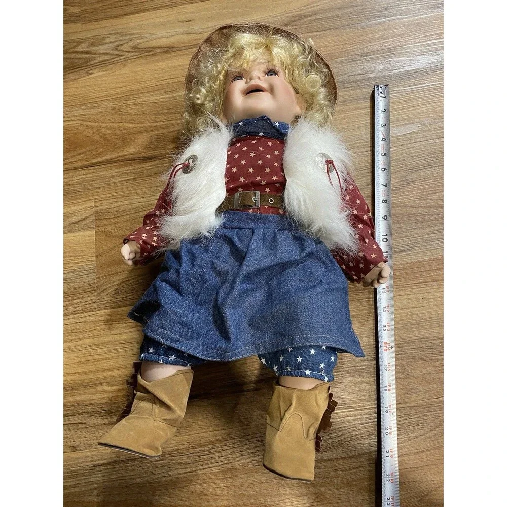 22in Porcelain Doll Patriotic Cowgirl Blonde Curls Blue Eye
